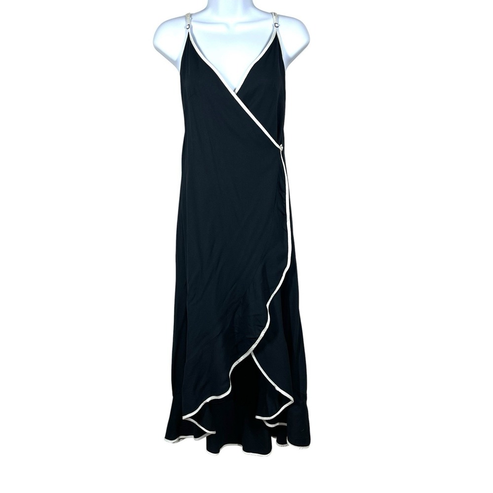 Farm Rio Surplice Wrap Dress Sz S Black Contrast Piping Hi-Low Flowy Ruffle Hem